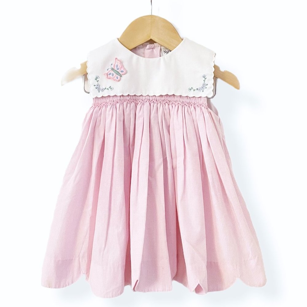 Pink & White Gingham Dress with Butterfly Detail